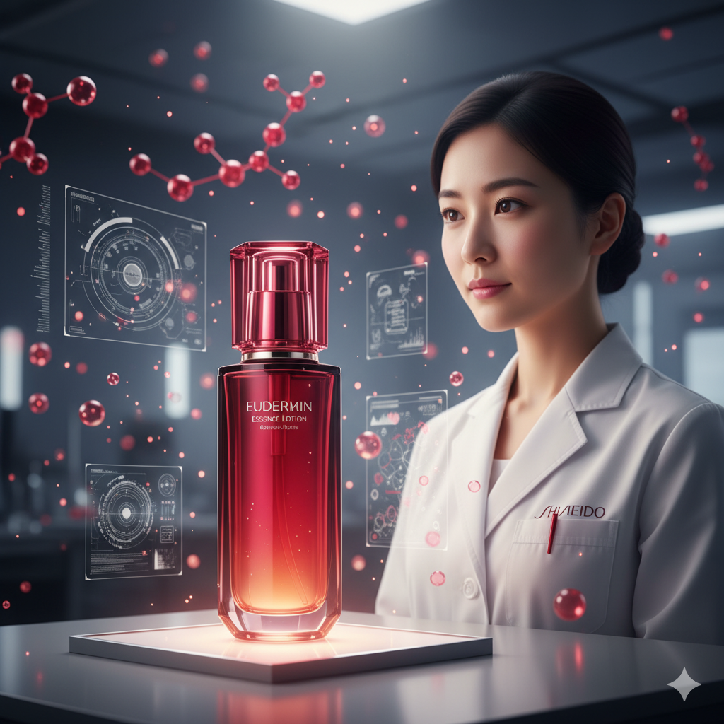 新生SHISEIDOオイデルミン エッセンスローションのモダンなボトル。最新技術による高機能化粧液としてのイメージ。