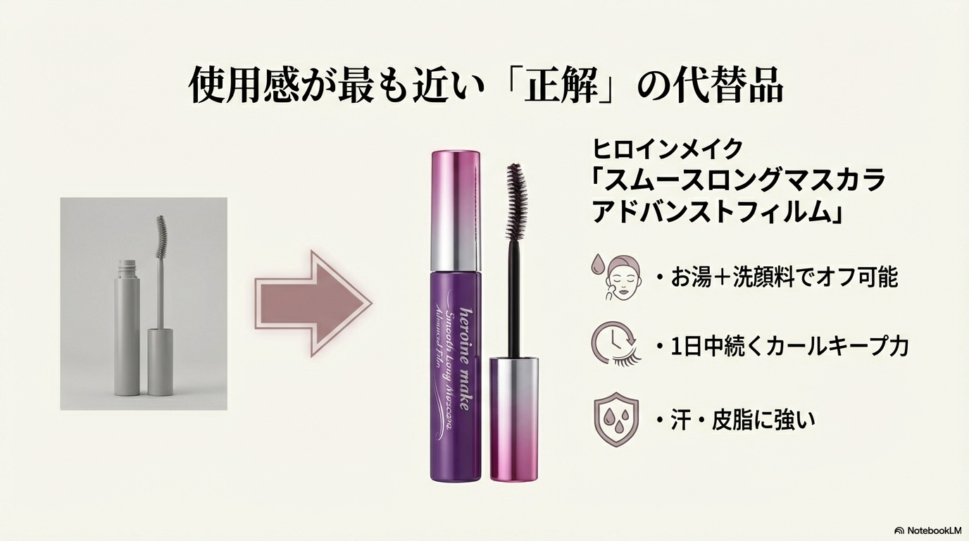 最も使用感が近い代替品「ヒロインメイク アドバンストフィルム」 オフするんマスカラの代用として、お湯と洗顔料でオフでき、1日中カールをキープするヒロインメイクのスムースロングマスカラを紹介しています。