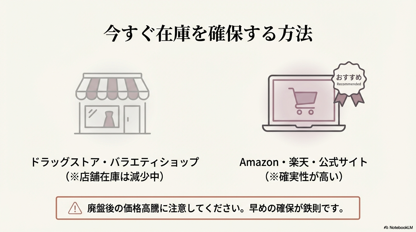 廃盤前に在庫を確保するための購入ルート比較 在庫が減少している実店舗よりも、Amazonや楽天、公式サイトなどのネット通販の方が確実に手に入れやすいことをアドバイスしている図解です。