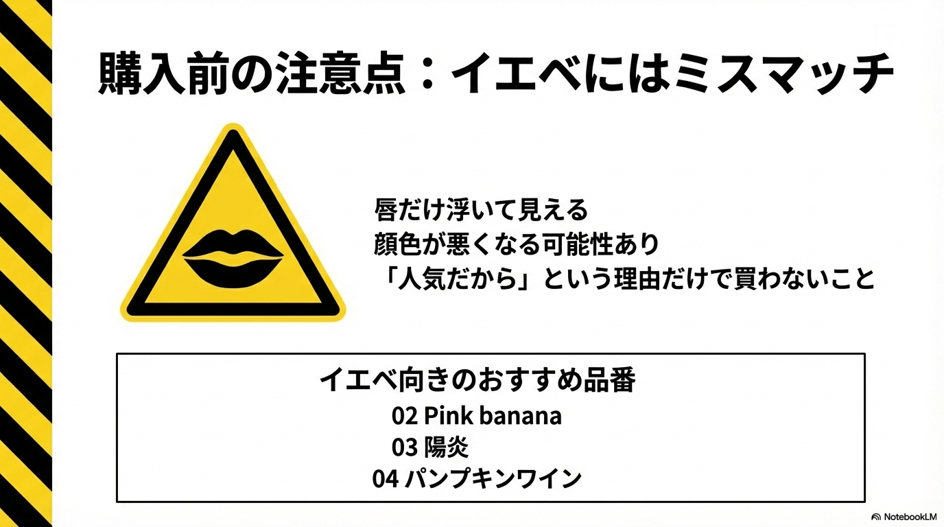 イエベの方が使うと顔色が悪くなる可能性があるため、02番ピンクバナナや03番陽炎などの別品番を推奨する注意喚起の画像。