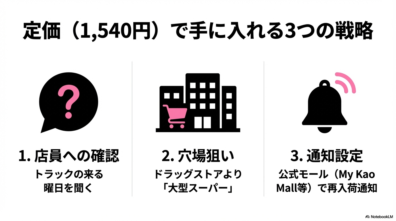 店員への入荷日確認、穴場の大型スーパー狙い、公式モールの再入荷通知設定という、定価で購入するための3つの戦略まとめ。