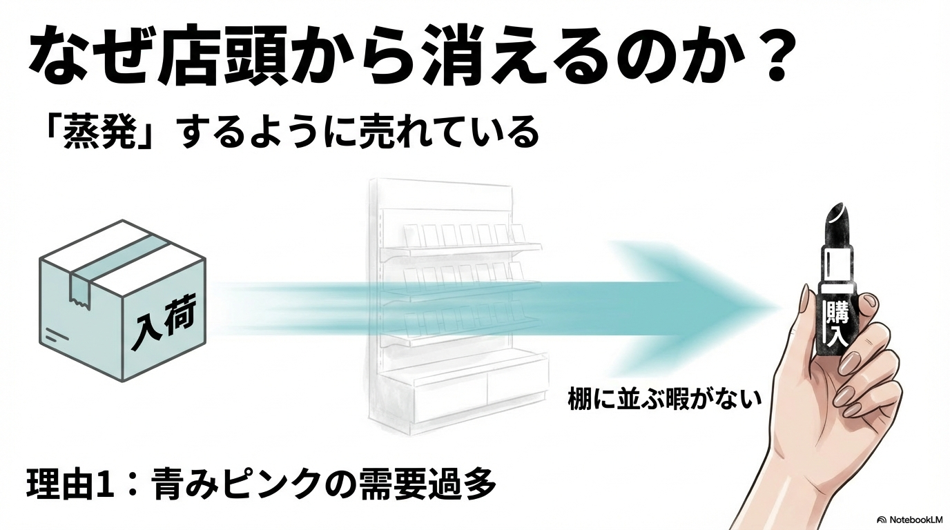 入荷しても棚に並ぶ暇がないほど、青みピンクの需要過多によって商品が蒸発するように即完売してしまう現状を説明したイラスト。
