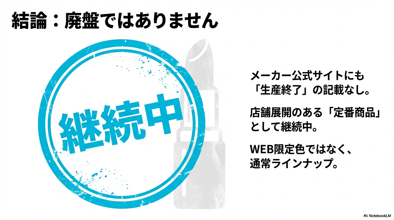 KATE公式サイトにも生産終了の記載はなく、WEB限定色ではなく店舗展開のある定番商品として継続販売されていることを示す図解。