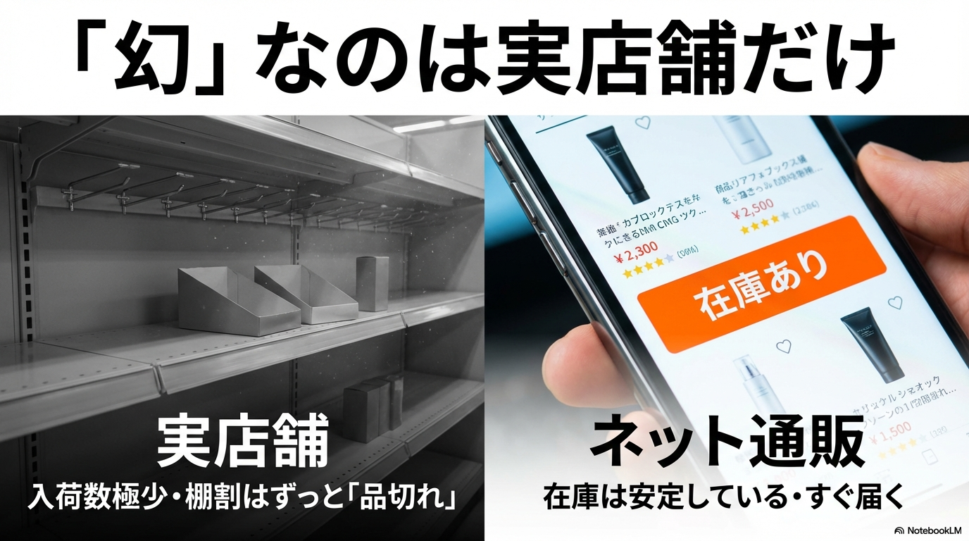 実店舗では品切れや入荷数極少の状態が続いているが、ネット通販なら在庫が安定しておりすぐ届くことを比較した図。