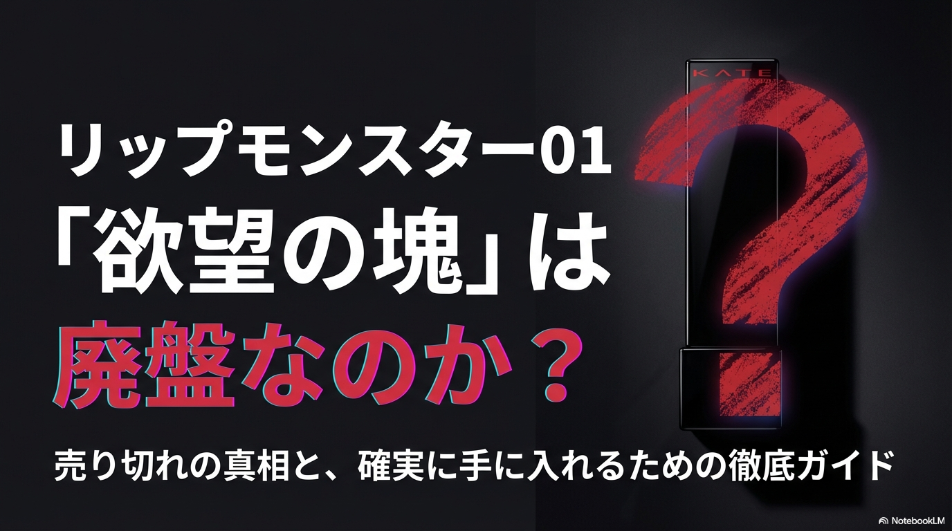 リップモンスターの01番「欲望の塊」が廃盤と噂される真相と、確実に手に入れる方法を解説したスライドの表紙。