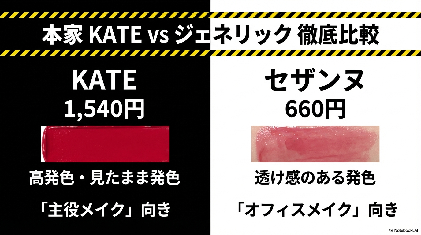 高発色で主役メイク向きなKATEリップモンスターと、透け感がありオフィスメイク向きなセザンヌリップカラーシールドの価格や特徴を比較した表。