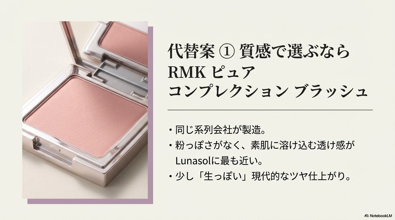 代替案1 質感で選ぶRMKのチーク ルナソルと質感が似ている代わりの品として、RMKのピュアコンプレクションブラッシュを紹介するスライドです。
