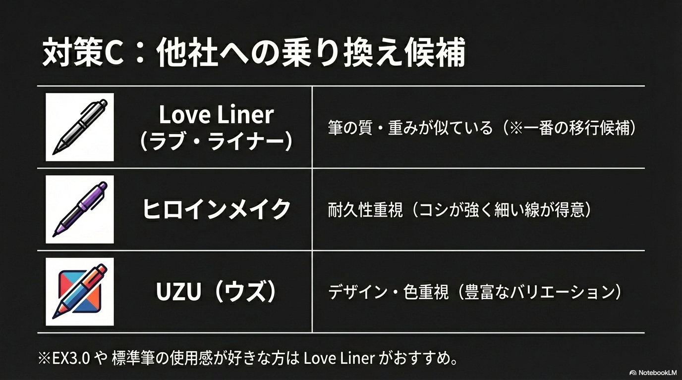 他社のおすすめ乗り換え候補 ケイトの標準筆に近い使用感を求める方のために、ラブ・ライナーやヒロインメイクなどのおすすめ代用品を比較した表です。