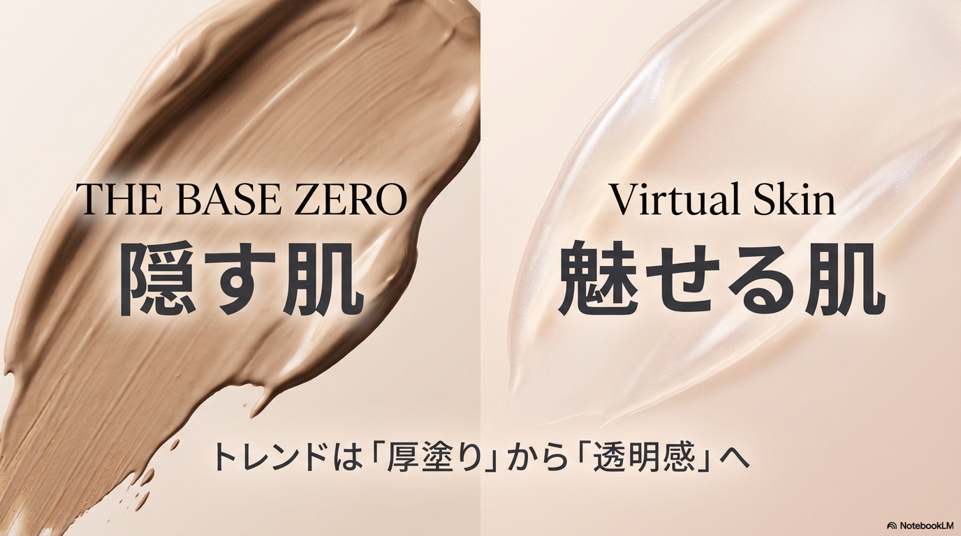 ベースメイクのトレンド変化:隠す肌から魅せる肌へ ベースメイクのトレンドが「厚塗り感のある隠す肌」から「透明感のある魅せる肌」へと変化し、リアルからバーチャルな美しさへとシフトしている背景を解説しています。