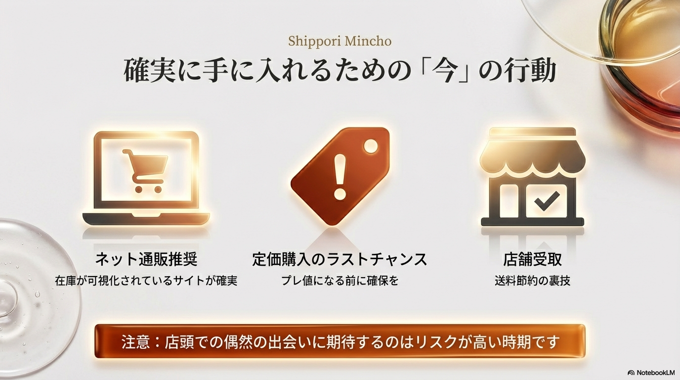 店頭在庫は不確実なため、在庫が可視化されているネット通販での購入や店舗受取サービスの利用を推奨するチェックリストです。