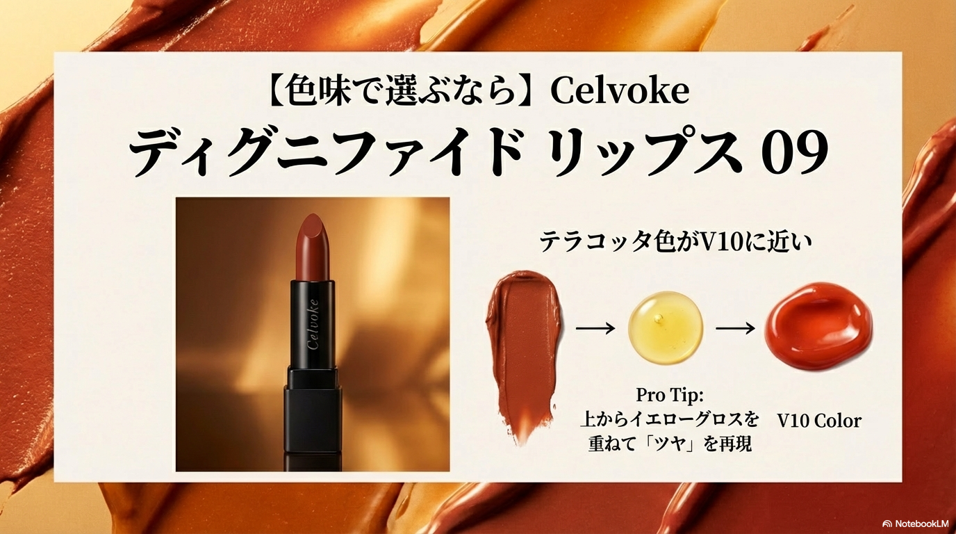 色味が似ているセルヴォークのテラコッタカラーに、イエローグロスを重ねることでV10のツヤと色を再現するテクニックを紹介しています。