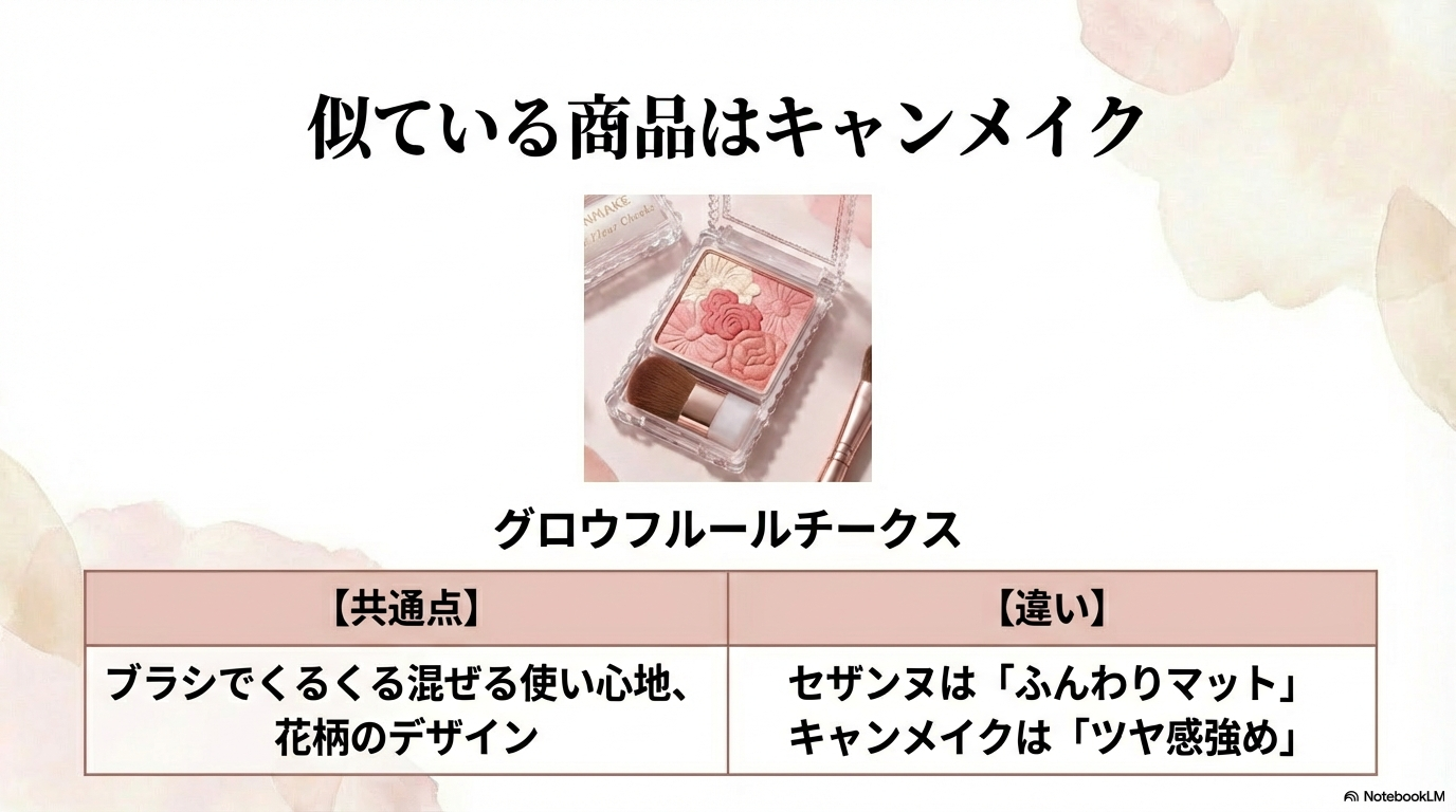 キャンメイク グロウフルールチークスとの比較 セザンヌのミックスカラーチークに似ている商品として、キャンメイクのグロウフルールチークスを挙げ、ブラシの使い心地やデザインの共通点と仕上がりの違いを比較した画像。