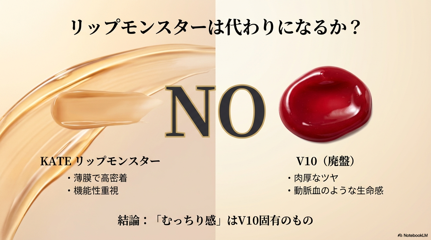 ケイトのリップモンスターは機能性重視の薄膜であるのに対し、V10は肉厚なツヤと生命感があるため完全な代わりにはならないことを比較した図です。