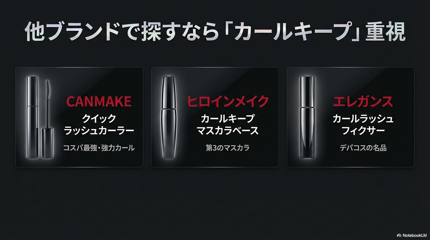 キャンメイク、ヒロインメイク、エレガンスなど、カールキープ力を重視する場合の他社ブランドのおすすめ代用品一覧です。