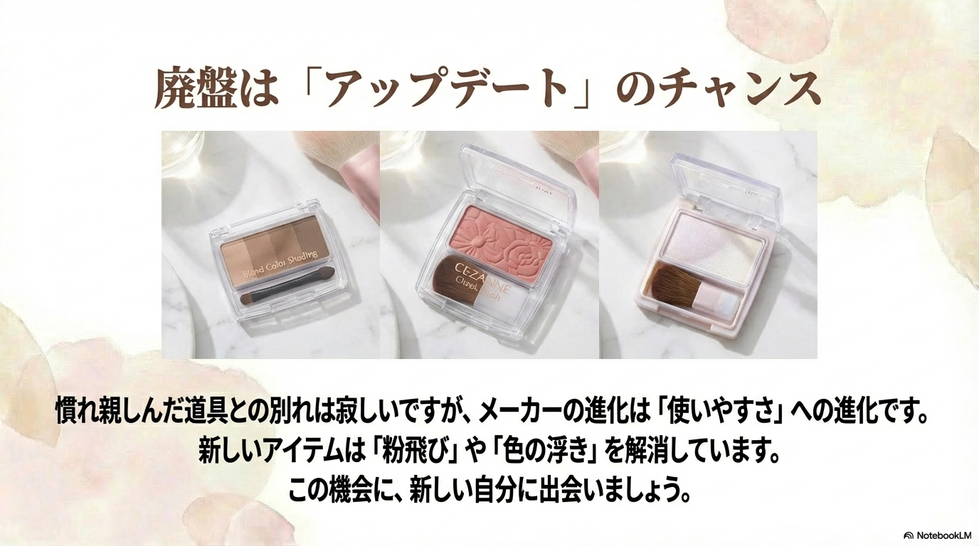 廃盤は新しい自分に出会うアップデートのチャンス 慣れ親しんだコスメとの別れは寂しいが、メーカーの進化は使いやすさへの進化であり、これを機に新しい自分に出会いましょうという前向きなメッセージ。