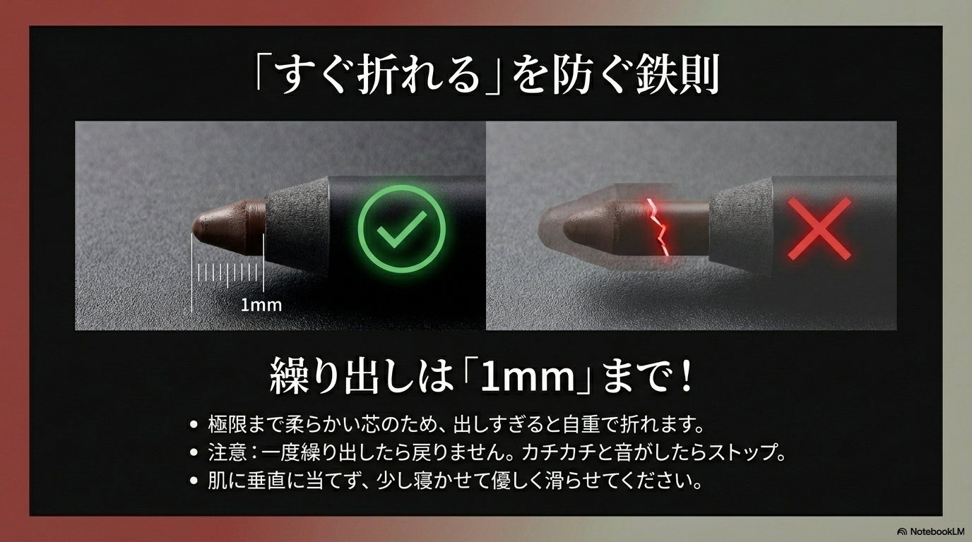 芯が折れるのを防ぐための1mm繰り出しルール 極限まで柔らかい芯のため繰り出しは1mmまでとし、出しすぎると戻らないという注意点と正しい使い方を図解したスライド