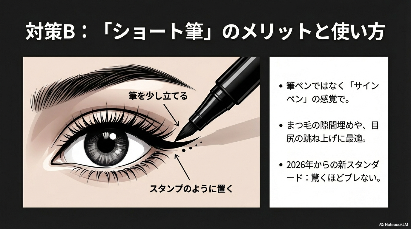 ショート筆のメリットと正しい使い方 ショート筆を使用する際は筆を少し立ててスタンプのように置くと描きやすいという、新しい使い方のコツをイラストで解説しています。
