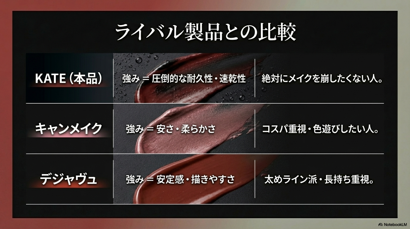 ケイト・キャンメイク・デジャヴュのアイライナー比較表 ケイト、キャンメイク、デジャヴュの3社のアイライナーについて、耐久性・コスパ・描きやすさの強みを比較した一覧表