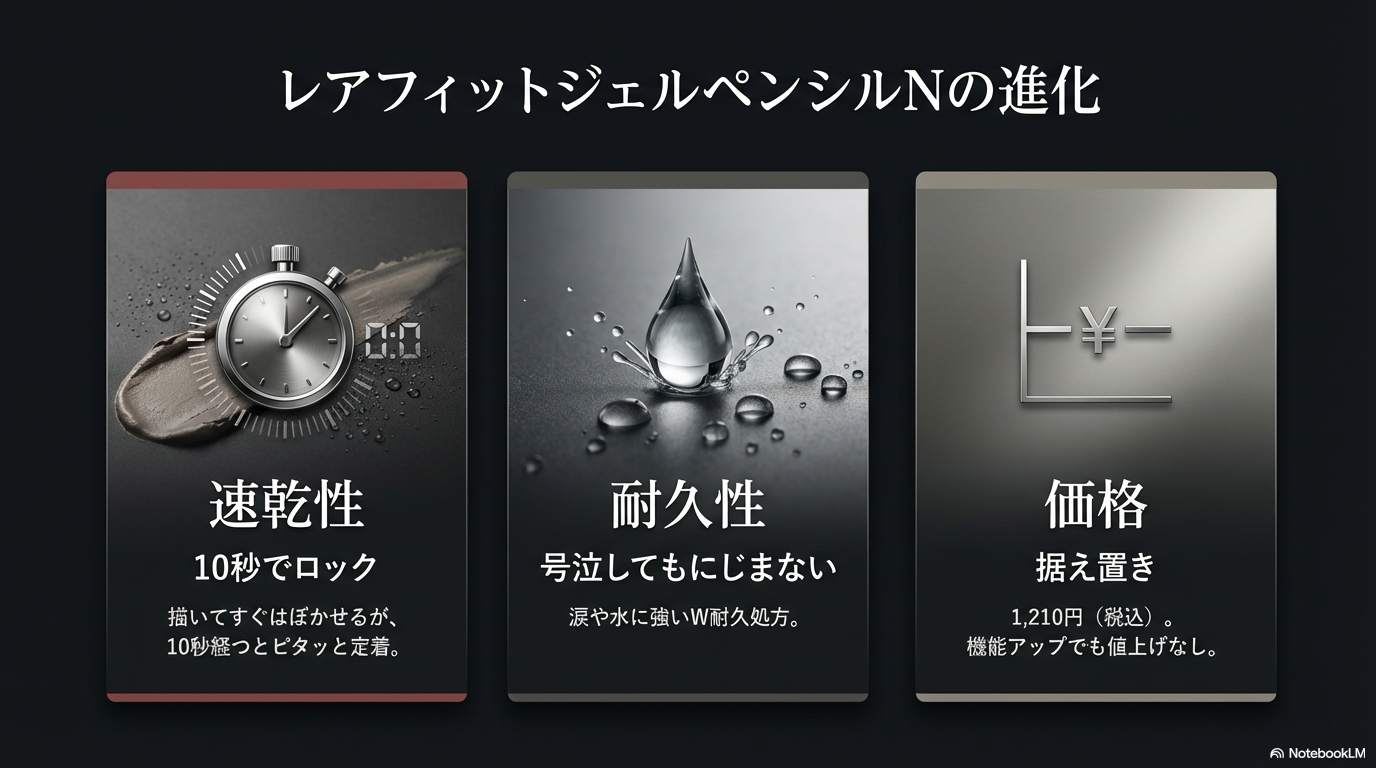 10秒でロックされる速乾性と号泣してもにじまない耐久性 描いてすぐはぼかせるが10秒で定着する速乾性と、涙や水に強いW耐久処方について解説した機能紹介スライド