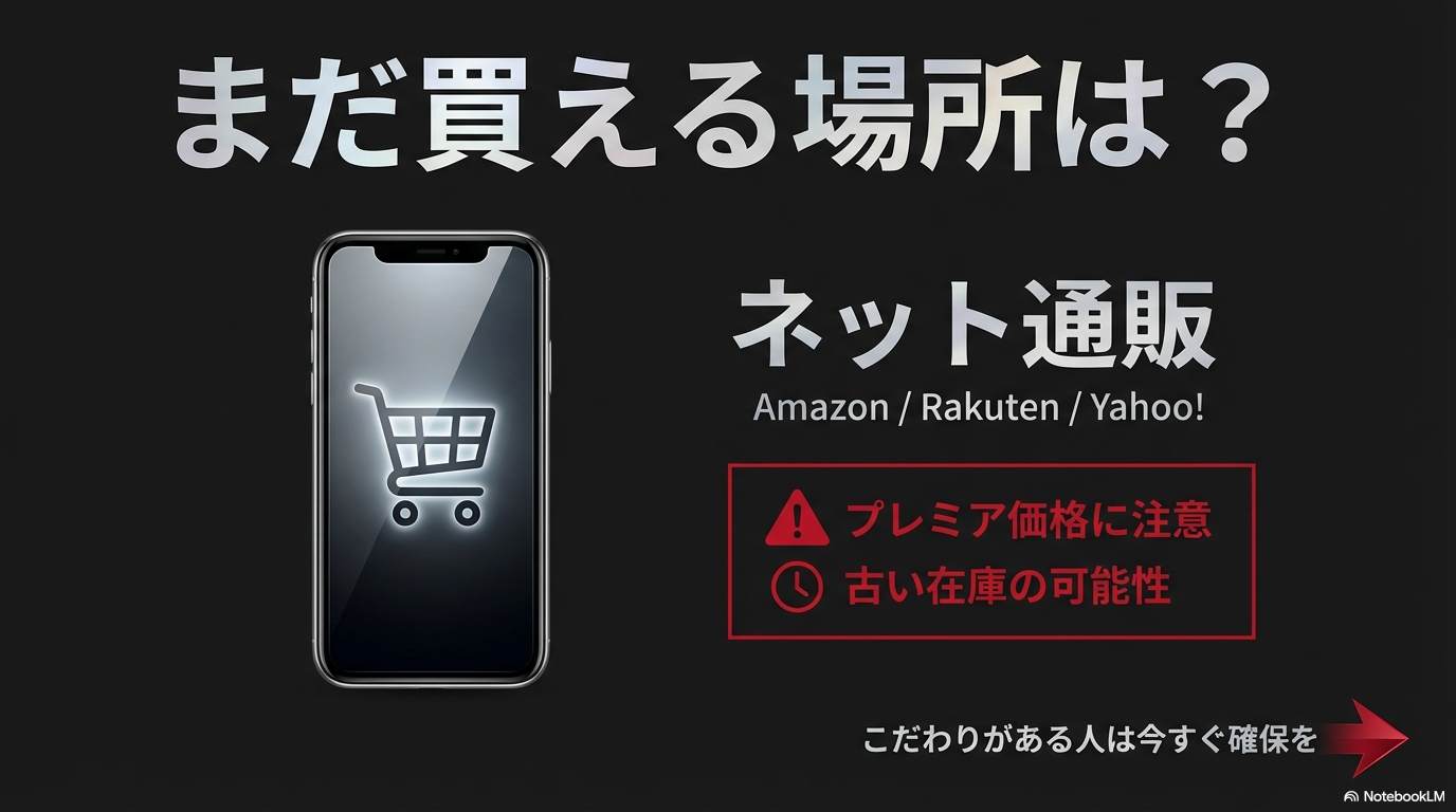 店頭在庫がない場合に、Amazonや楽天などのネット通販で在庫を探す方法と注意点をまとめた画像です。