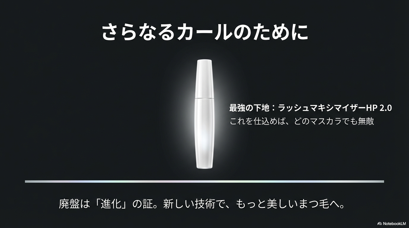 廃盤は進化の証であるという結論と、最強のカール下地であるラッシュマキシマイザーHP 2.0を紹介したまとめのスライドです。
