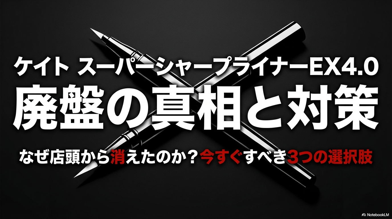 ケイトスーパーシャープライナーEX4.0が廃盤になった真相と今後の対策についてまとめたスライドの表紙画像です。