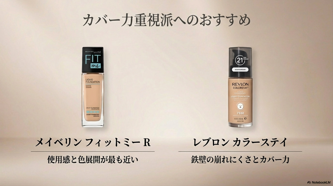 リアルカバーリキッドに似ている他社のおすすめファンデーション カバー力を重視する方へ、使用感が近いメイベリンのフィットミーや、崩れにくさに定評のあるレブロンのカラーステイなど、代わりとなる他社製品を紹介しています。