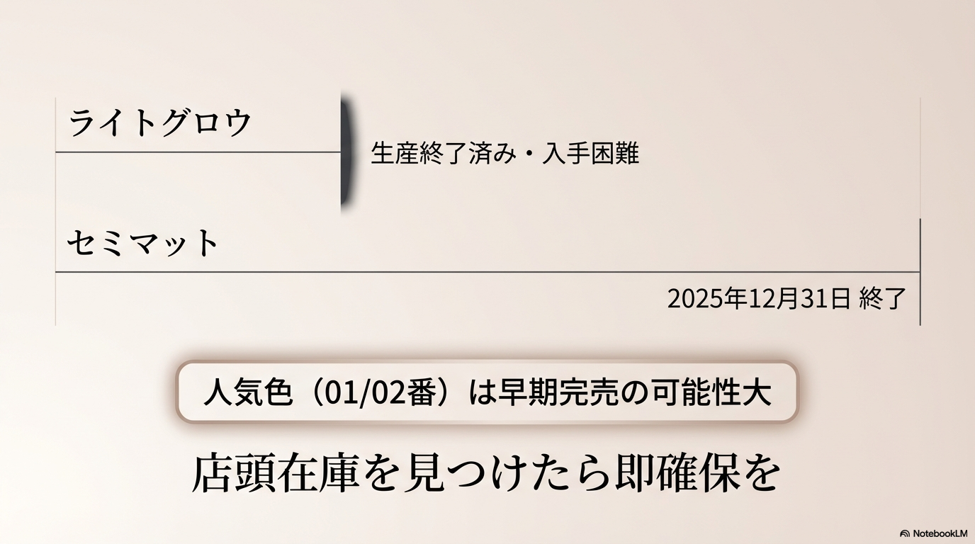 リアルカバーリキッド セミマットの生産終了日と在庫状況 セミマットタイプは2025年12月31日に生産終了予定であり、人気色は早期完売の可能性があるため、店頭在庫を見つけたら早めに確保することを推奨しています。