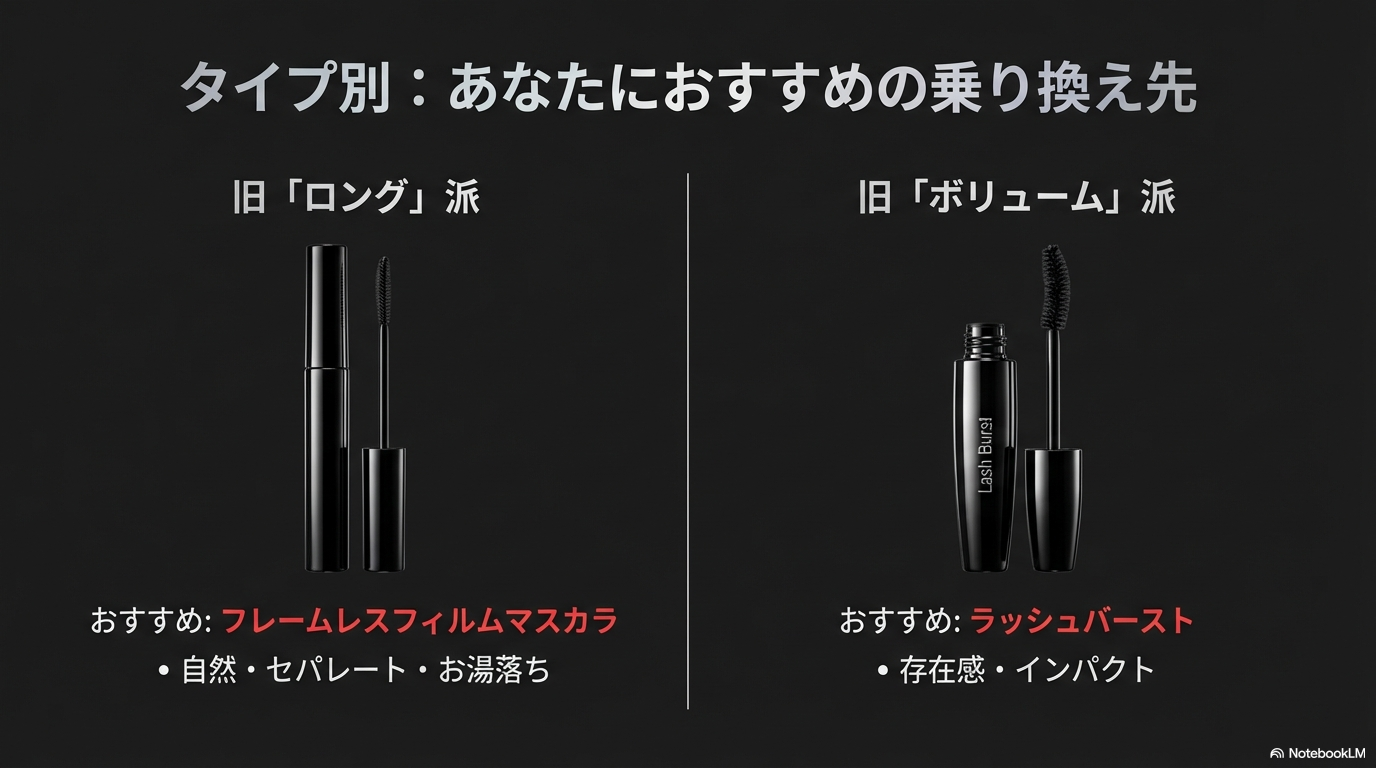 旧ロング派にはフレームレスフィルムマスカラ、旧ボリューム派にはラッシュバーストなど、タイプ別のおすすめ乗り換え先を提案したチャートです。