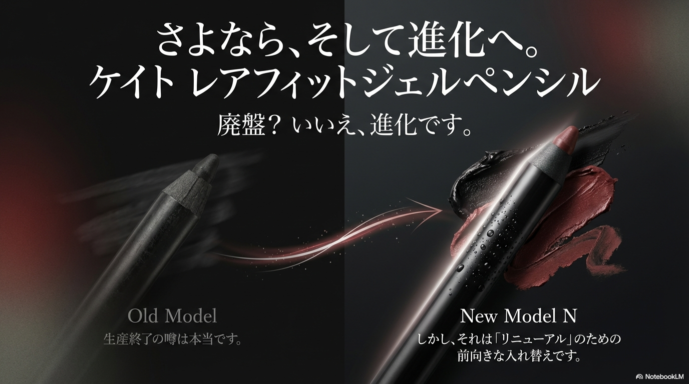 ケイトレアフィットジェルペンシルの廃盤は終わりではなく、リニューアルによる前向きな進化であることを伝える表紙スライド