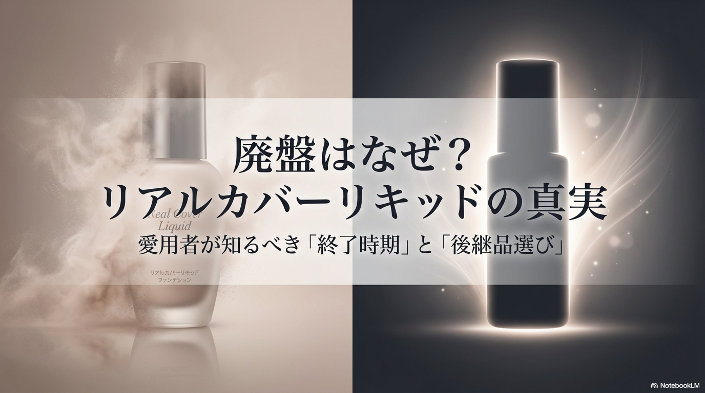 ケイトのリアルカバーリキッドが廃盤になる理由と、愛用者が知っておくべき終了時期、後継品選びのポイントをまとめたスライドの表紙です。