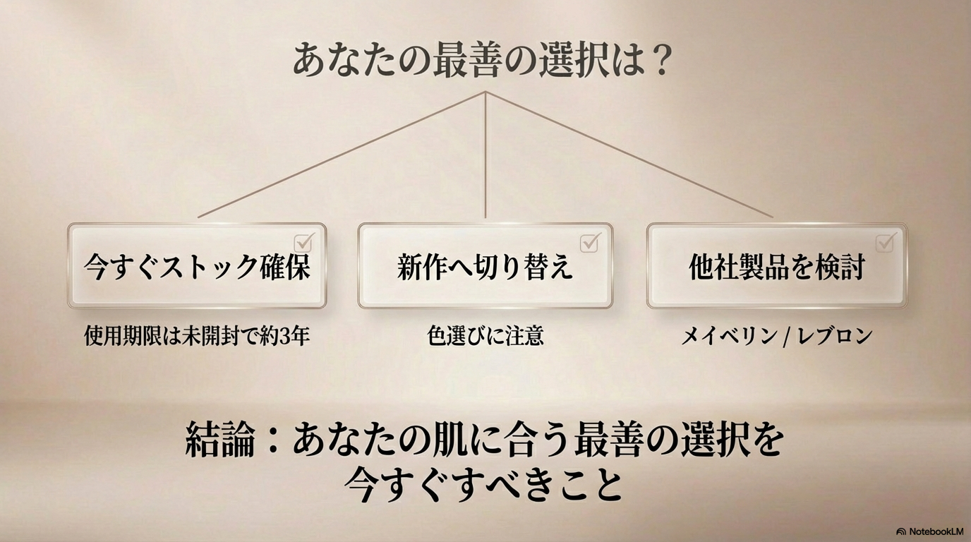 廃盤ニュースを受けて今すぐすべき最善の選択 愛用者が今すぐすべきこととして、店頭やネットでのストック確保、新作への切り替え、または他社製品への乗り換えという3つの選択肢を提案しています。