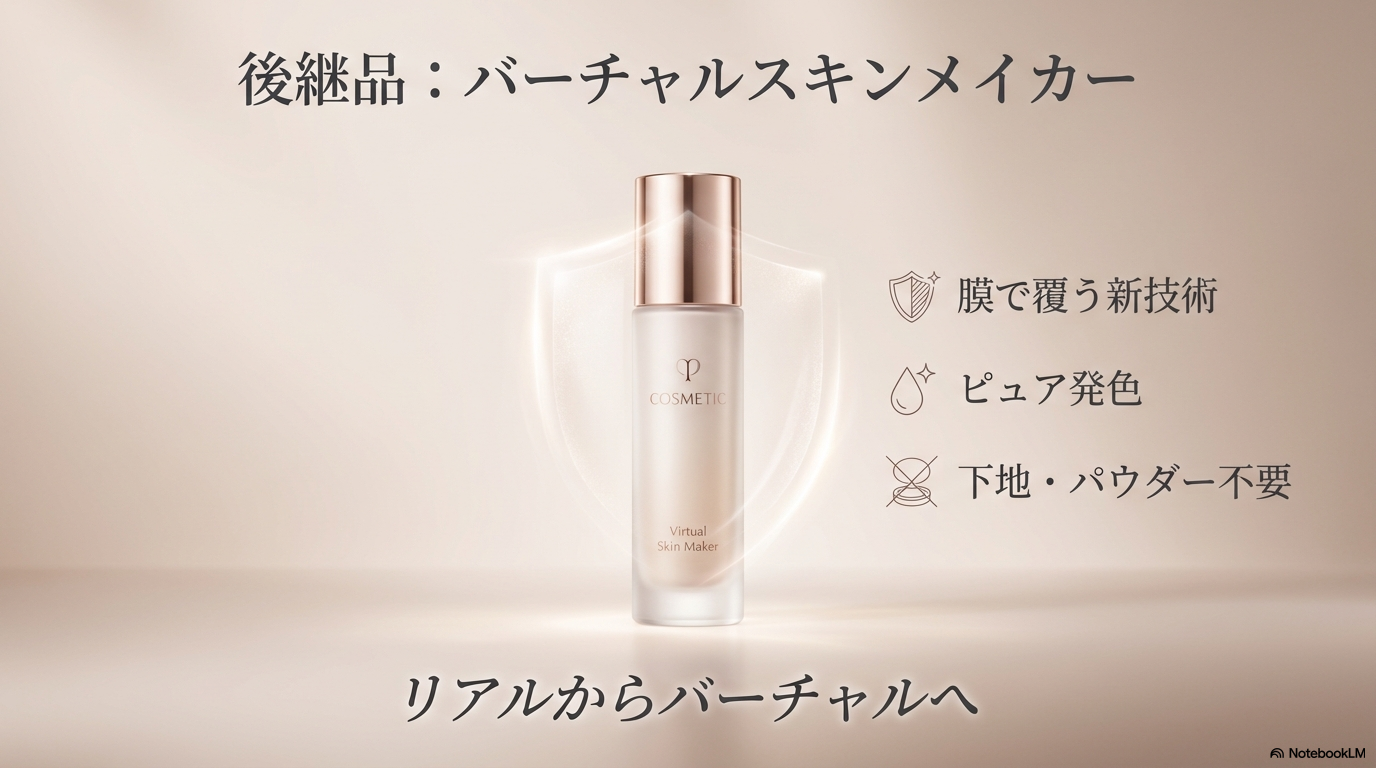 新作バーチャルスキンメイカーの新技術と特徴 後継品であるバーチャルスキンメイカーに採用された、膜で肌を覆う新技術やピュアな発色、下地やパウダーが不要な多機能性について紹介しています。