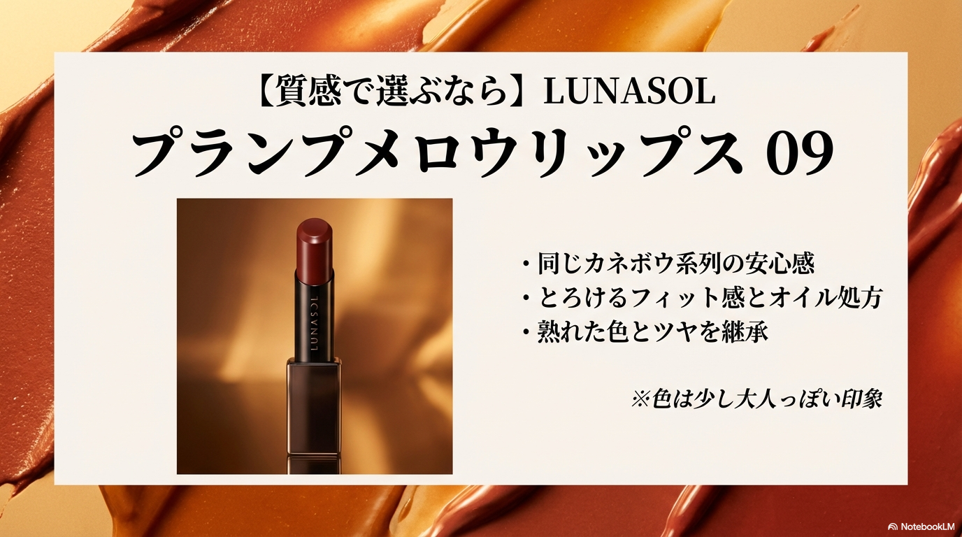 V10のようなとろけるフィット感とオイル処方のツヤを求めるなら、同じカネボウ系列のルナソルプランプメロウリップスがおすすめであることを紹介しています。