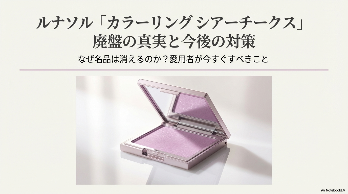 ルナソルのカラーリングシアーチークス廃盤の理由と、愛用者がこれから取るべき対策をまとめた表紙スライドです。