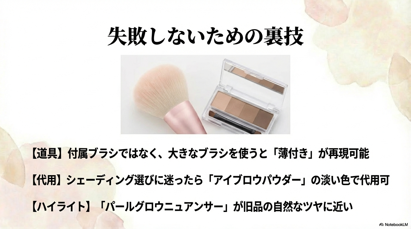 失敗しないための裏技と代用テクニック 大きなブラシを使って薄付きにするコツや、アイブロウパウダーでのシェーディング代用、ハイライトにはパールグロウニュアンサーを使うなど、失敗しないための裏技まとめ。
