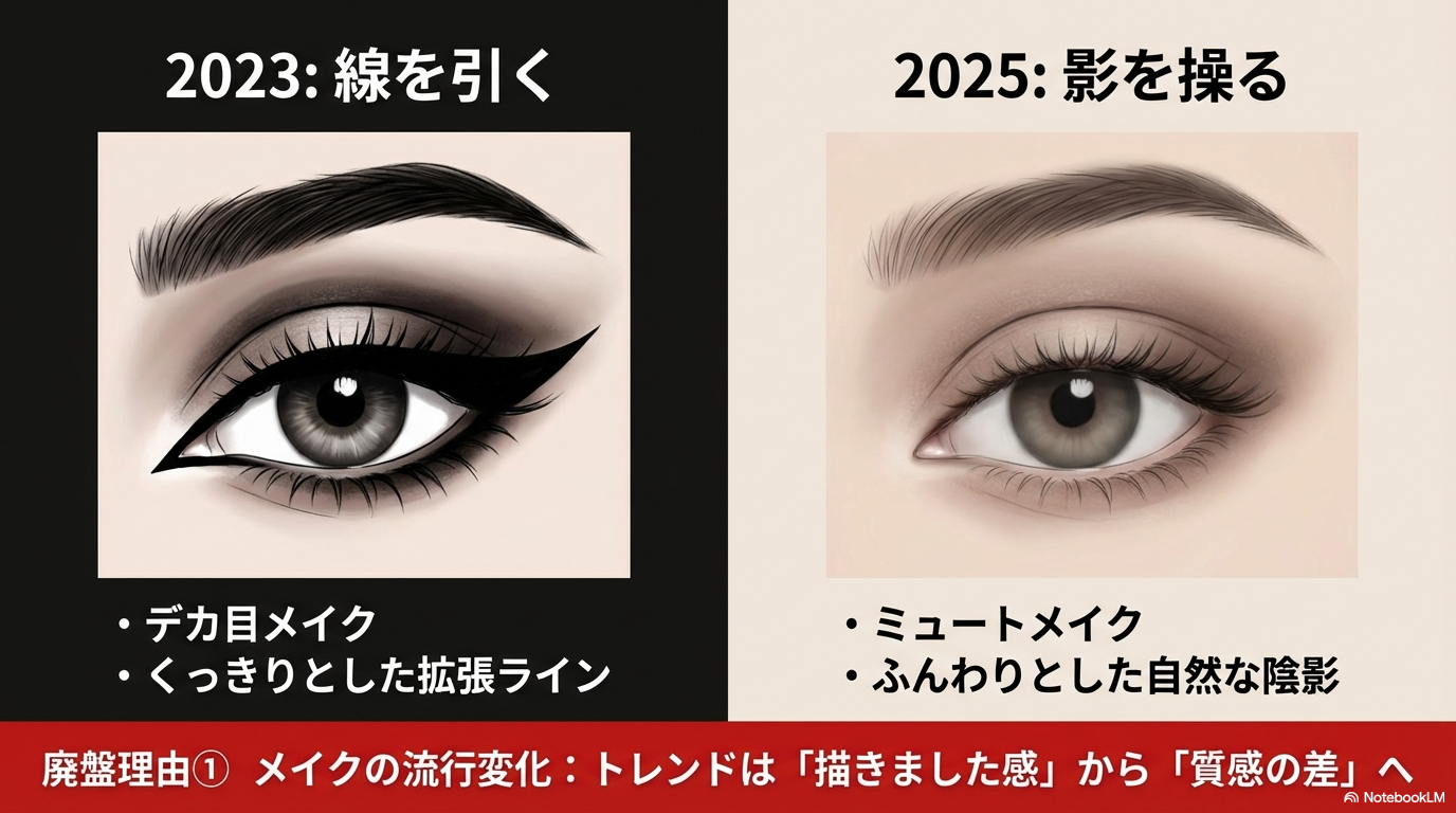 2023年の線を引くメイクから2025年の影を操るメイクへ流行が変化した
