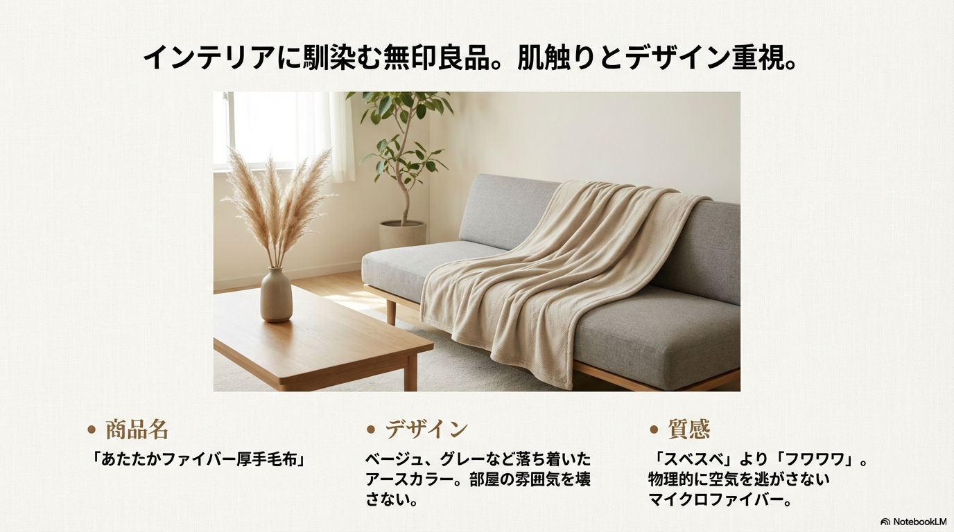 部屋の雰囲気を壊さないアースカラーのデザインとマイクロファイバーの肌触りが魅力の無印良品のあたたかファイバー毛布