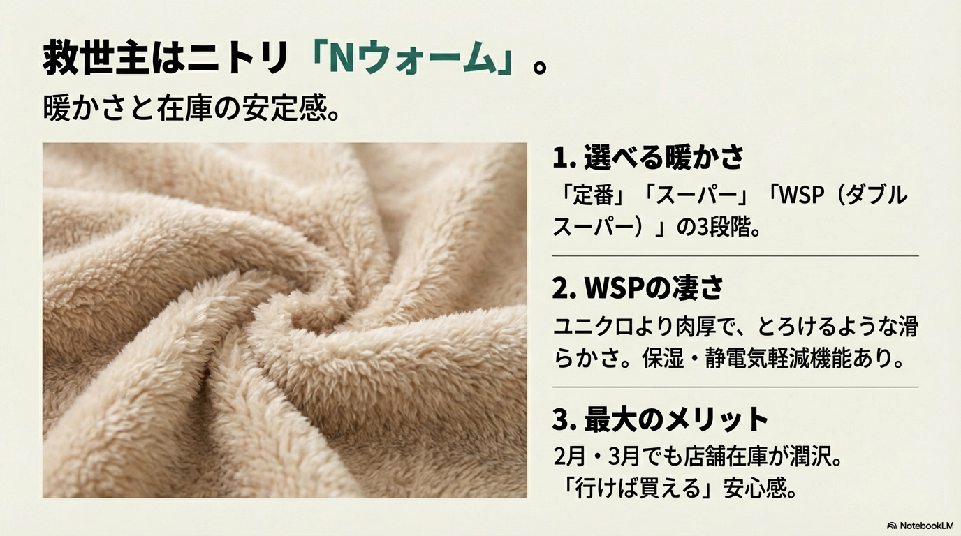 ユニクロの代用品として優秀なニトリのNウォームWSPの特徴と、2月以降も購入可能な在庫の安定感についての解説