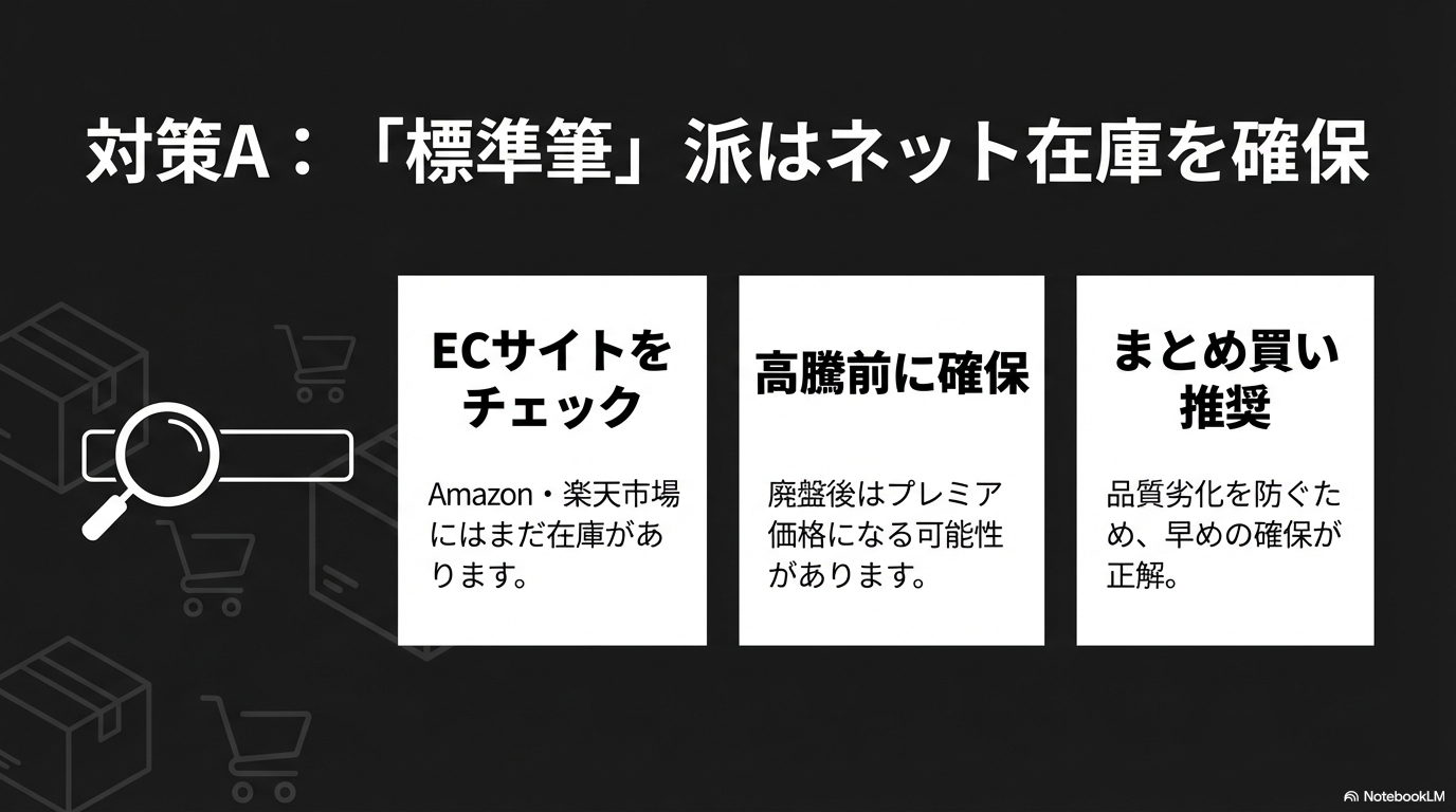 廃盤前にネット通販で在庫確保 標準筆派のユーザーに向けて、Amazonや楽天市場で在庫があるうちに早めの確保とまとめ買いを推奨しているスライドです。