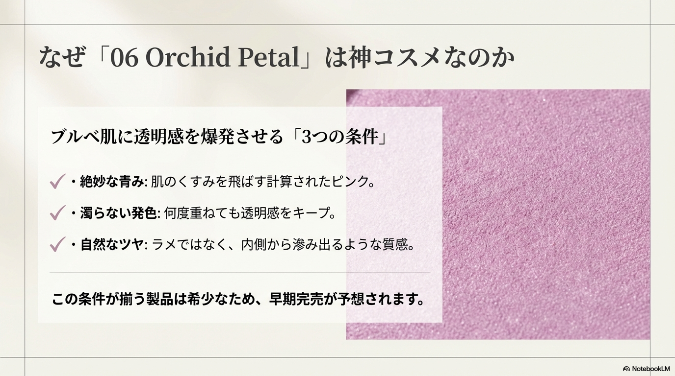 06番 オーキッドペタルが人気の理由 06番オーキッドペタルが、青みのある肌に透明感を与える神コスメとしてなぜ希少なのか、その3つの条件を解説したスライドです。