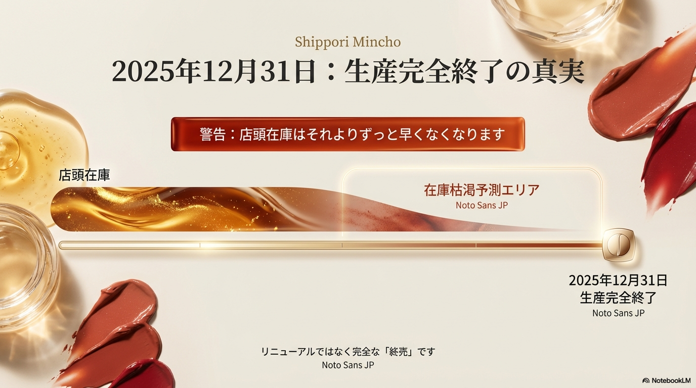 2025年12月31日に生産が完全終了するというスケジュールと、店頭在庫はそれより早くなくなるという警告を示したスライドです。