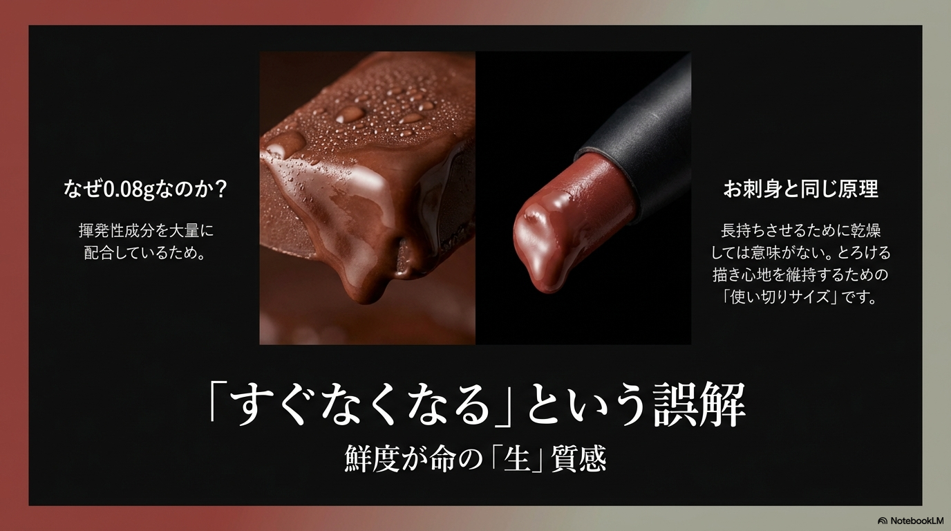 すぐなくなると誤解される0.08gの容量の秘密 揮発性成分を大量に配合しとろける描き心地を維持するために、あえて使い切りサイズの0.08gにしている理由の解説