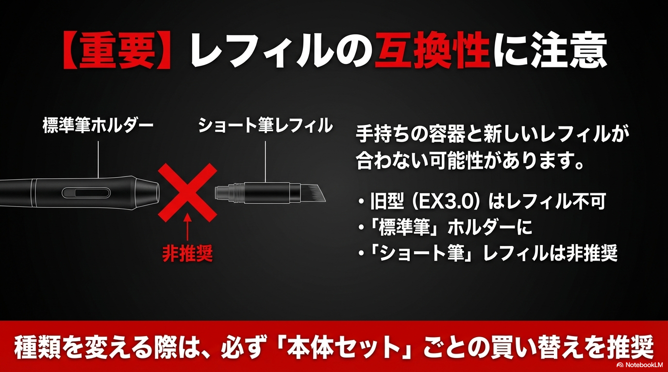 レフィルの互換性に関する注意点 標準筆のホルダーにショート筆のレフィルを入れることは推奨されていないなど、容器とレフィルの互換性についての注意喚起です。