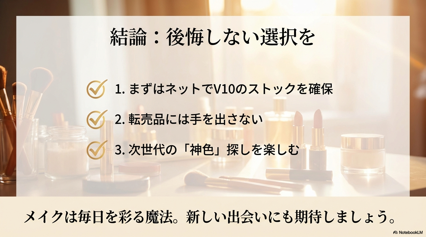 ネットでストックを確保しつつ、転売品は避けて新しいお気に入りを探そうという、廃盤に対する最終的な結論とアクションプランです。