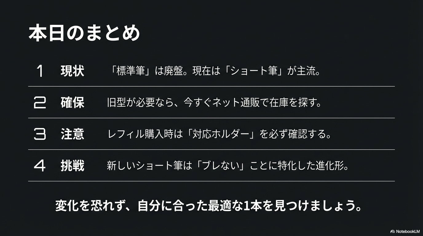 廃盤騒動のまとめと今後のアクション 標準筆の廃盤情報、在庫確保の必要性、レフィルの注意点、新しい筆への挑戦という4つのポイントをまとめた総括スライドです。