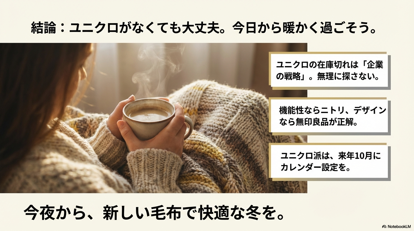 ユニクロの在庫切れは戦略的なものであるため無理に探さず、ニトリや無印良品を活用して快適に過ごそうというまとめ