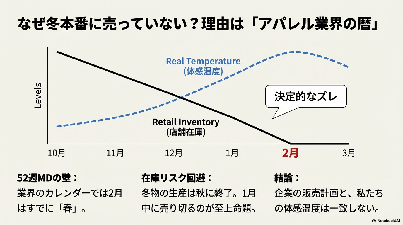 冬本番に寒くなる体感温度と反比例してアパレルの店舗在庫が減少していく業界の暦と需給ギャップの解説図
