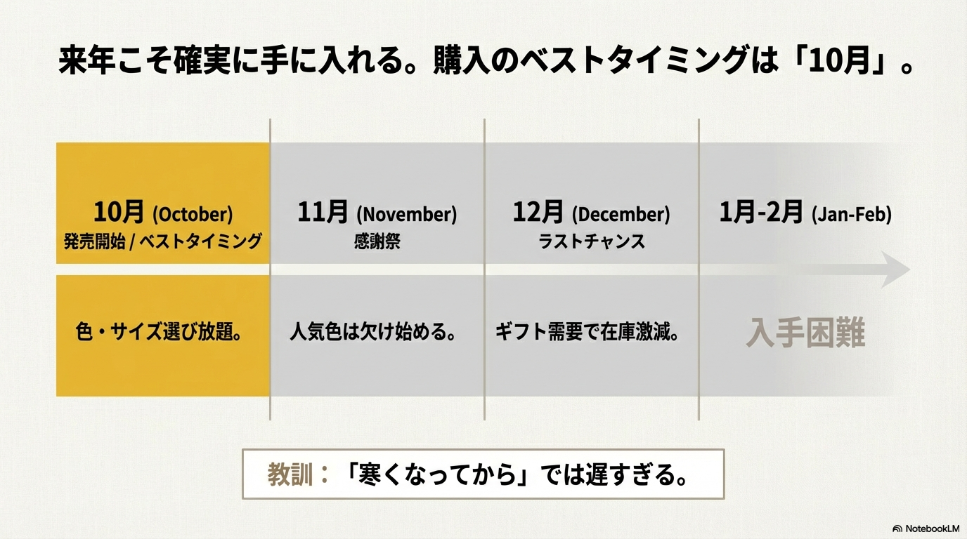 10月の発売開始から人気色が欠ける11月、入手困難になる2月までのユニクロブランケットの年間販売スケジュール