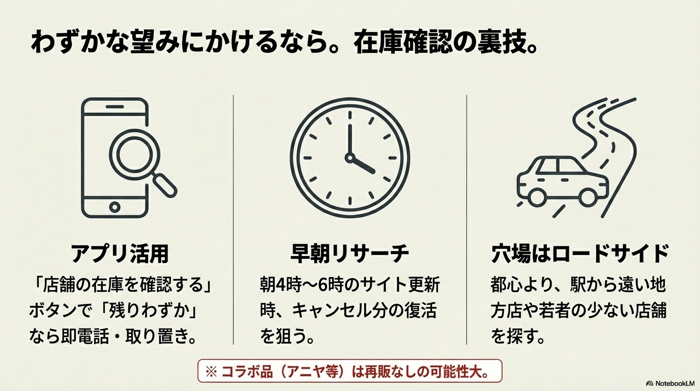 アプリでの残りわずか表示の確認や早朝のサイト更新チェックなど、在庫を見つけるための具体的なリサーチ方法